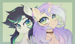 Size: 1827x1083 | Tagged: safe, artist:_spacemonkeyz_, oc, oc:cecilia, oc:chidori, pegasus, pony, unicorn, bandage, bell, collar, flower, flower in hair, looking at each other, looking at you, smiling