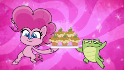 Size: 1920x1080 | Tagged: safe, screencap, gummy, pinkie pie, alligator, earth pony, pony, g4, g4.5, my little pony: pony life, the rarest of occasions, spoiler:pony life s02e15, bipedal, cupcake, duo, female, food, male, mare, olive, peanut butter, peanut butter cupcake