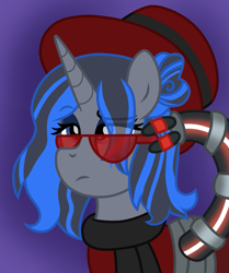 Size: 899x1077 | Tagged: safe, artist:froyo15sugarblast, oc, oc only, oc:dr scarlet flare, alicorn, octopony, original species, pony, clothes, doctor octopus, eye clipping through hair, eyeshadow, female, glasses, hat, looking at you, makeup, mare, mechanical hands, scar, scarf, shaded background, solo, tentacles