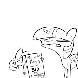 Size: 3000x3000 | Tagged: safe, artist:tjpones, spike, twilight sparkle, alicorn, dragon, pony, black and white, book, duo, female, grayscale, grimace, half life full life consequences, high res, male, mare, monochrome, simple background, twilight sparkle (alicorn), white background