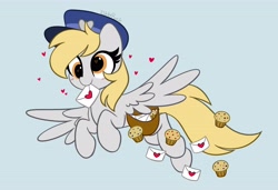 Size: 4096x2807 | Tagged: safe, artist:kittyrosie, derpy hooves, pegasus, pony, g4, blushing, cute, derpabetes, flying, food, hat, heart, heart eyes, kittyrosie is trying to murder us, letter, mail, mailbag, mailmare, mouth hold, muffin, solo, wingding eyes