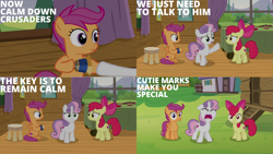 Size: 1280x720 | Tagged: safe, edit, edited screencap, editor:quoterific, screencap, apple bloom, scootaloo, sweetie belle, earth pony, pegasus, pony, unicorn, g4, marks and recreation, season 7, apple bloom's bow, bow, cutie mark crusaders, eyes closed, female, filly, hair bow, mare, open mouth, script, smiling, yelling