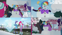 Size: 1280x720 | Tagged: safe, edit, edited screencap, editor:quoterific, screencap, pinkie pie, rainbow dash, rarity, equestria girls, equestria girls specials, g4, my little pony equestria girls: better together, my little pony equestria girls: holidays unwrapped, saving pinkie's pie, boots, female, food, open mouth, shoes, smiling, snow, snowman, souffle, streetlight, throwing, trio, trio female