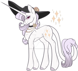 Size: 1280x1165 | Tagged: safe, artist:blizzard-queen, rarity, classical unicorn, pony, unicorn, g4, alternate design, alternate universe, backstory in description, cloven hooves, hat, horn, leonine tail, red eyes, solo