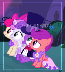 Size: 1398x1548 | Tagged: safe, artist:interstellar-quartz, apple bloom, scootaloo, spike, sweetie belle, earth pony, pony, g4, bridesmaid dress, clothes, cutie mark crusaders, dress, flower filly, flower girl, flower girl dress, hat, marriage, obtrusive watermark, request, spike's first bow tie, suit, top hat, tuxedo, watermark, wedding