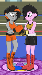 Size: 1080x1920 | Tagged: safe, artist:toyminator900, oc, oc:dusk strike, oc:millary von shweps, equestria girls, g4, boxing, boxing ring, clothes, gloves, gym, sports