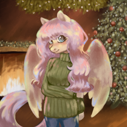 Size: 2000x2000 | Tagged: safe, artist:leeene, fluttershy, pegasus, anthro, g4, christmas, christmas tree, clothes, female, fire, fireplace, high res, holiday, looking at you, solo, sweater, sweatershy, tree