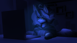 Size: 3620x2020 | Tagged: safe, artist:cosyosy, princess luna, alicorn, semi-anthro, g4, arm hooves, clothes, computer, computer mouse, high res, hoodie, laptop computer, solo