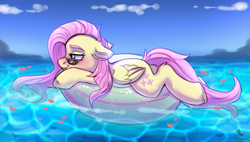 Size: 1890x1072 | Tagged: safe, artist:dinoalpaka, fluttershy, pegasus, pony, g4, cute, ear fluff, female, floppy ears, inner tube, lying down, mare, profile, prone, relaxing, shyabetes, sketch, smiling, solo, sunglasses, water, wings