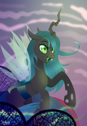 Size: 3031x4368 | Tagged: safe, artist:77jessieponygames77, queen chrysalis, changeling, changeling queen, g4, fangs, female, heart eyes, open mouth, rearing, solo, wingding eyes