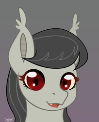 Size: 3000x3672 | Tagged: safe, artist:77jessieponygames77, octavia melody, bat pony, pony, g4, bat ponified, batavia, bust, ear tufts, fangs, female, gray background, high res, looking at you, mare, race swap, red eyes, simple background, solo, species swap