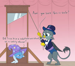 Size: 1800x1600 | Tagged: safe, artist:rocket-lawnchair, gabby, trixie, griffon, pony, unicorn, g4, assistant, assistant's outfit, bowtie, clothes, drawthread, duo, female, guillotine, hat, imminent decapitation, magic trick, magician outfit, mare, requested art, this will end in death, too dumb to live, top hat, trixie's hat, tuxedo, worried