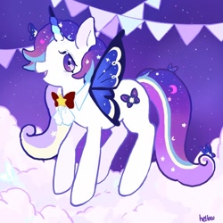 Size: 768x768 | Tagged: safe, artist:hellow, alicorn, butterfly, pony, bowtie, butterfly wings, cloud, cookie run, cream unicorn cookie, femboy, male, ponified, signature, sparkling mane, stallion, wings
