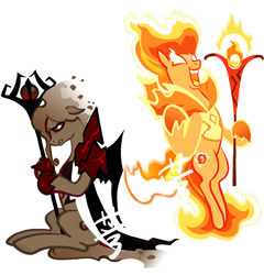Size: 1200x1200 | Tagged: safe, artist:aq3yqsvcu1hnema, earth pony, pony, cape, clothes, cookie run, fire spirit cookie, glowing mane, male, mane of fire, ponified, simple background, staff, white background