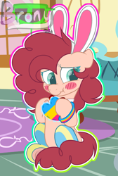 Size: 1825x2722 | Tagged: safe, artist:whiteplumage233, oc, oc only, earth pony, pony, blushing, bunny ears, clothes, female, mare, not pinkie pie, socks, solo, striped socks