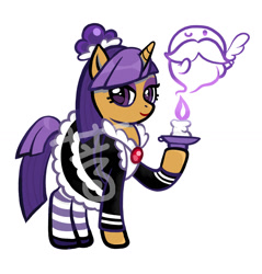 Size: 1420x1483 | Tagged: safe, artist:aq3yqsvcu1hnema, ghost, pony, undead, unicorn, blackberry cookie, candle, clothes, cookie run, dress, female, hair bun, lipstick, maid, makeup, mare, ponified, simple background, socks, solo, watermark, white background