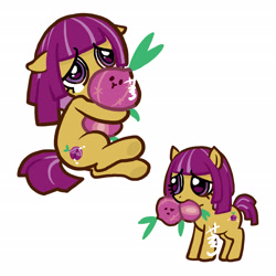 Size: 2362x2362 | Tagged: safe, artist:aq3yqsvcu1hnema, earth pony, pony, cookie run, crying, female, filly, high res, hug, onion cookie, plushie, ponified, sad, simple background, text, white background
