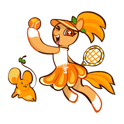 Size: 2000x2000 | Tagged: safe, artist:aq3yqsvcu1hnema, earth pony, mouse, pony, ball, clothes, cookie run, dress, female, high res, mare, one eye closed, open mouth, orange cookie, ponified, ponytail, simple background, solo, tennis ball, tennis racket, text, white background