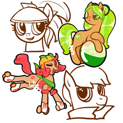 Size: 2000x2000 | Tagged: safe, artist:aq3yqsvcu1hnema, earth pony, pony, bandana, beach ball, close-up, clothes, cookie run, female, grapefruit cookie, helmet, high res, lemon cookie, lime cookie, mare, one eye closed, orange cookie, ponified, ponytail, roller skates, simple background, text, white background, wink