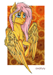 Size: 2480x3508 | Tagged: safe, artist:avafury, fluttershy, pegasus, pony, g4, cheek fluff, chest fluff, ear fluff, eye clipping through hair, female, floral background, flower, high res, mare, signature, solo, sunflower