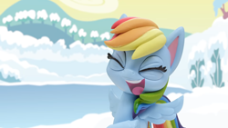 Size: 1920x1080 | Tagged: safe, screencap, rainbow dash, pegasus, pony, g4, g4.5, my little pony: stop motion short, snow pony contest (short), cute, eyes closed, female, ice, lake, laughing, mare, open mouth, snow, solo, stop motion, water
