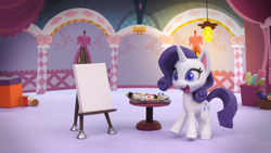 Size: 1920x1080 | Tagged: safe, screencap, rarity, pony, unicorn, g4.5, my little pony: stop motion short, rarity's paintful pony portrait, canvas, carousel boutique, excited, female, mare, open mouth, paint, paint tool sai, paintbrush, solo, stop motion