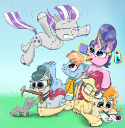 Size: 2200x2250 | Tagged: safe, artist:chopsticks, cloudy quartz, cookie crumbles, pear butter, pinkie pie, posey shy, twilight velvet, windy whistles, earth pony, pegasus, pony, unicorn, g4, adorable distress, adoraquartz, blushing, butt fluff, cheek fluff, chest fluff, clothes, concave belly, cookiebetes, craft, cute, ear fluff, eyes closed, female, glasses, gritted teeth, hairspray, high res, incoming, inkwell, jewelry, jumping, lipstick, lying down, mom six, mother's day, mouth hold, necklace, one eye closed, pearabetes, pickaxe, pony pile, ponyloaf, posey shyabetes, sculpture, sheet music, this will not end well, unshorn fetlocks, velvetbetes, windybetes