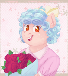 Size: 765x850 | Tagged: safe, artist:pigeorgien, cozy glow, pegasus, anthro, g4, bouquet of flowers, bow, clothes, dress, female, filly, flower, hair bow, pure concentrated unfiltered evil of the utmost potency, pure unfiltered evil, rose, smiling, solo