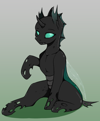 Size: 2058x2480 | Tagged: safe, artist:wbp, oc, oc only, changeling, gradient background, green changeling, high res, sitting, solo