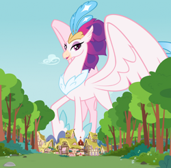Size: 1280x1262 | Tagged: safe, artist:andoanimalia, artist:boneswolbach, artist:thegiantponyfan, queen novo, classical hippogriff, hippogriff, g4, my little pony: the movie, crown, female, giantess, jewelry, macro, ponyville, regalia, show accurate