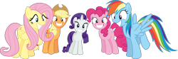 Size: 2175x726 | Tagged: safe, artist:sollace, derpibooru exclusive, applejack, fluttershy, pinkie pie, rainbow dash, rarity, earth pony, pegasus, pony, unicorn, g4, twilight's kingdom, .svg available, cute, grin, looking at you, remane five, show accurate, simple background, smiling, spread wings, svg, transparent background, vector, wings