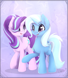 Size: 2665x3055 | Tagged: safe, artist:bloody-pink, starlight glimmer, trixie, pony, unicorn, g4, best friends, duo, duo female, female, high res, looking at each other, mare, raised hoof, smiling