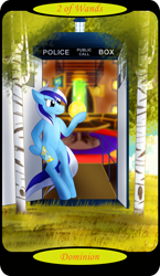 Size: 1500x2595 | Tagged: safe, artist:sixes&sevens, part of a set, minuette, pony, unicorn, g4, bipedal, bipedal leaning, crystal ball, doctor who, female, grass, leaning, minor arcana, outdoors, solo, tardis, tarot card, tree, two of wands