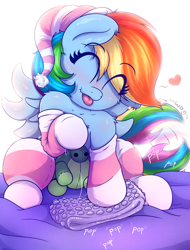 Size: 3200x4200 | Tagged: safe, artist:heavymetalbronyyeah, artist:lefthighkick, rainbow dash, pegasus, pony, tortoise, g4, :p, blushing, bubble wrap, clothes, collaboration, cute, dashabetes, eyes closed, female, floating heart, happy, hat, heart, high res, mare, nightcap, onomatopoeia, plushie, socks, solo, spread wings, striped socks, tail wag, tongue out, wings