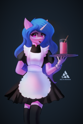 Size: 595x880 | Tagged: safe, artist:delta hronum, izzy moonbow, unicorn, anthro, g5, alternate hairstyle, clothes, drink, female, glass, juice, looking at you, maid, mare, open mouth, skirt, socks, solo, straw