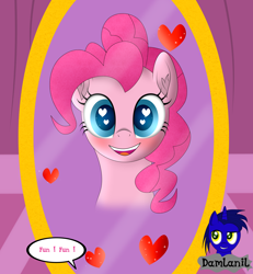 Size: 3840x4154 | Tagged: safe, artist:damlanil, pinkie pie, earth pony, pony, g4, blushing, carousel boutique, comic, cute, diapinkes, female, happy, heart, heart eyes, looking at you, mare, mirror, open mouth, simple background, smiling, text, vector, wingding eyes