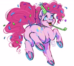 Size: 2666x2364 | Tagged: safe, artist:moshpaws, pinkie pie, earth pony, pony, g4, balloonbutt, blushing, butt, cute, diapinkes, hat, high res, horseshoes, jumping, looking back, open mouth, open smile, party hat, party horn, plot, simple background, smiling, underhoof, white background