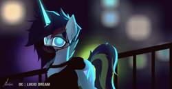Size: 3000x1550 | Tagged: safe, artist:astril, oc, oc only, oc:lucidream, pony, unicorn, blue eyes, clothes, cutie mark, face mask, film grain, hoodie, horn, jewelry, looking at you, magic, magic aura, male, mask, melancholy, necklace, night, piercing, unicorn oc, walking