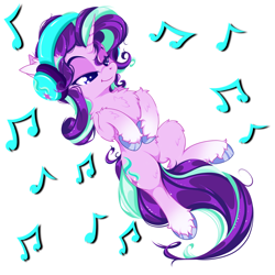 Size: 2500x2500 | Tagged: safe, artist:rurihal, starlight glimmer, pony, unicorn, g4, chest fluff, ear fluff, eyebrows, female, fluffy, headphones, high res, hoof fluff, mare, music notes, simple background, smiling, solo