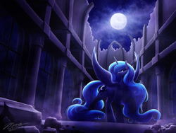 Size: 1024x768 | Tagged: safe, artist:novaintellus, princess luna, alicorn, pony, g4, castle of the royal pony sisters, female, full moon, looking at you, mare, moon, night, rock, sky, solo, spread wings, wings