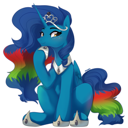 Size: 3600x3600 | Tagged: safe, artist:maren, oc, oc only, oc:blue sky, alicorn, pony, alicorn oc, commission, crown, freckles, high res, hoof shoes, horn, jewelry, regalia, simple background, solo, white background, wings