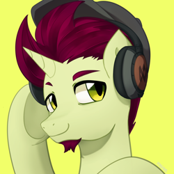 Size: 4200x4200 | Tagged: safe, artist:maren, oc, oc only, pony, unicorn, beard, commission, facial hair, hat, headphones, horn, icon, male, simple background, solo, unicorn oc, yellow background