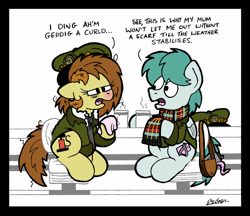 Size: 1024x883 | Tagged: safe, artist:bobthedalek, oc, oc only, oc:bubble pump, oc:clippy ticket, earth pony, pegasus, pony, comic:trottingham transport, bag, chair, clothes, cold, handkerchief, hat, jacket, messy mane, mug, red nosed, scarf, sick, tissue