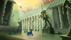 Size: 1280x720 | Tagged: safe, artist:klarapl, queen chrysalis, changeling, changeling queen, g4, building, climbing, clothes, column, confrontation, female, flying, looking up, pillar, pointing, scenery, statue