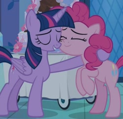Size: 535x516 | Tagged: safe, screencap, pinkie pie, twilight sparkle, alicorn, earth pony, pony, cakes for the memories, g4, my little pony: friendship is forever, bipedal, cake, cropped, cute, duo, duo female, eyes closed, female, food, hug, mare, smiling, twilight sparkle (alicorn)