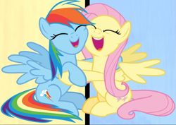 Size: 1091x773 | Tagged: safe, screencap, fluttershy, rainbow dash, pegasus, pony, fame and misfortune, g4, season 7, cheek squish, cropped, cute, dashabetes, duo, eyes closed, female, hug, mare, open mouth, shyabetes, sitting, smiling, spread wings, squishy cheeks, wings