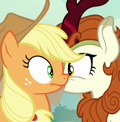 Size: 1062x1080 | Tagged: safe, screencap, applejack, autumn blaze, earth pony, kirin, pony, g4, season 8, sounds of silence, cropped, duo, eye contact, female, looking at each other, mare, out of context