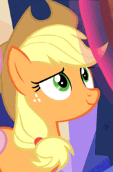 Size: 220x335 | Tagged: safe, screencap, applejack, earth pony, pegasus, pony, g4, season 8, sounds of silence, animated, cropped, cute, eyes closed, gif, hoof on chest, implied twilight sparkle, jackabetes, lidded eyes, offscreen character, one eye closed, smiling, solo, wink