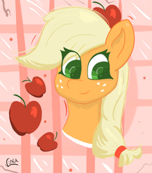 Size: 3508x4000 | Tagged: safe, artist:vinca, applejack, earth pony, pony, g4, apple, bust, female, food, mare, missing accessory, plaid background, portrait, solo