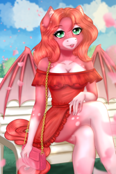 Size: 1300x1947 | Tagged: safe, artist:jerraldina, oc, oc only, oc:strawberry quartz, bat pony, anthro, bat pony oc, bench, breasts, cleavage, clothes, crossed legs, dress, fangs, female, flower petals, freckles, frilly dress, green eyes, looking at you, multicolored body, purse, sitting, solo, spread wings, wings